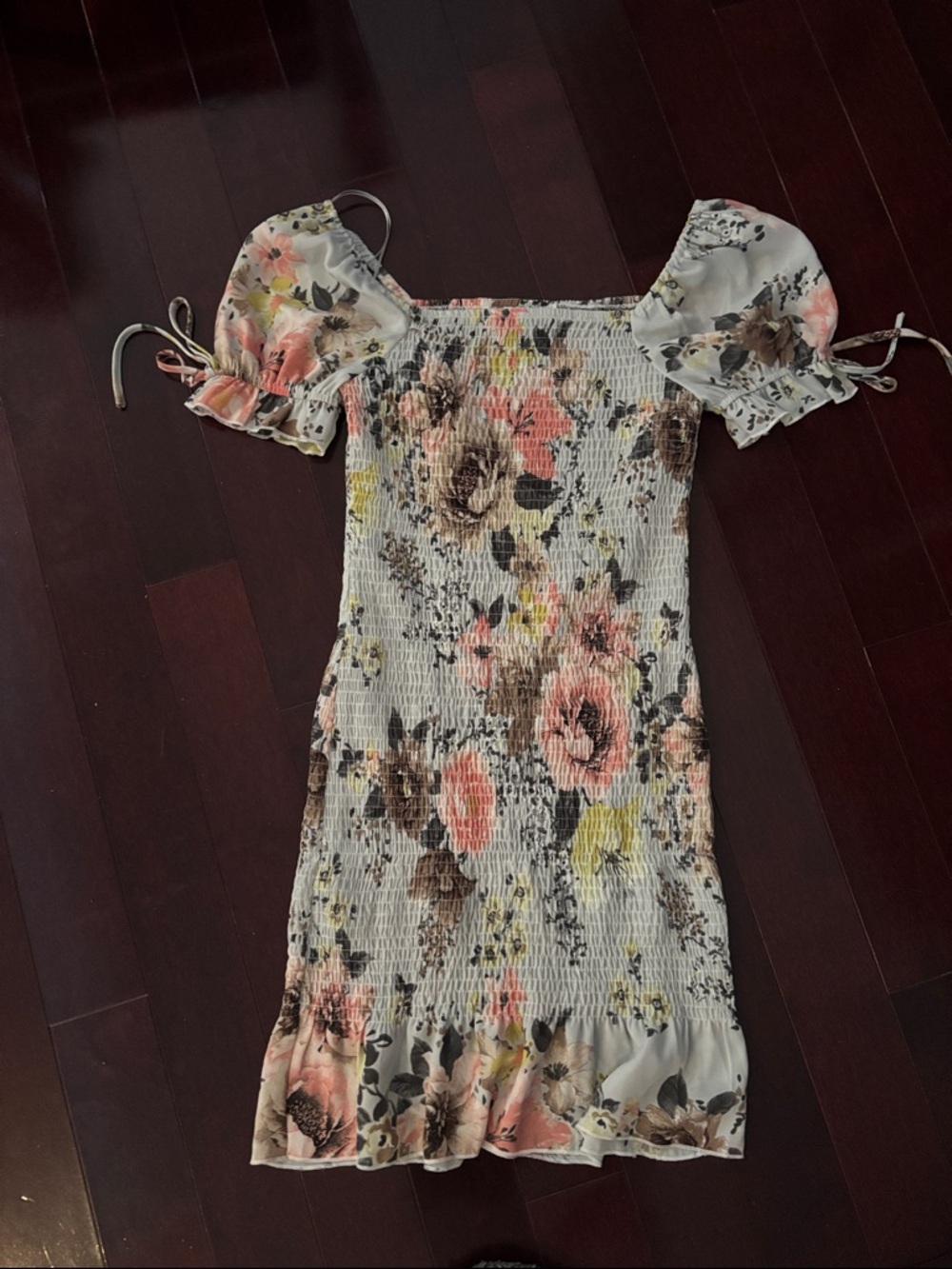 Timing Floral Smocked Mini Dress - Cream with Pink & Brown Flowers